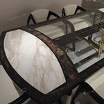 Marble-End Dining Table with Dark Glossy Center and Woven Leather-Wrapped Legs